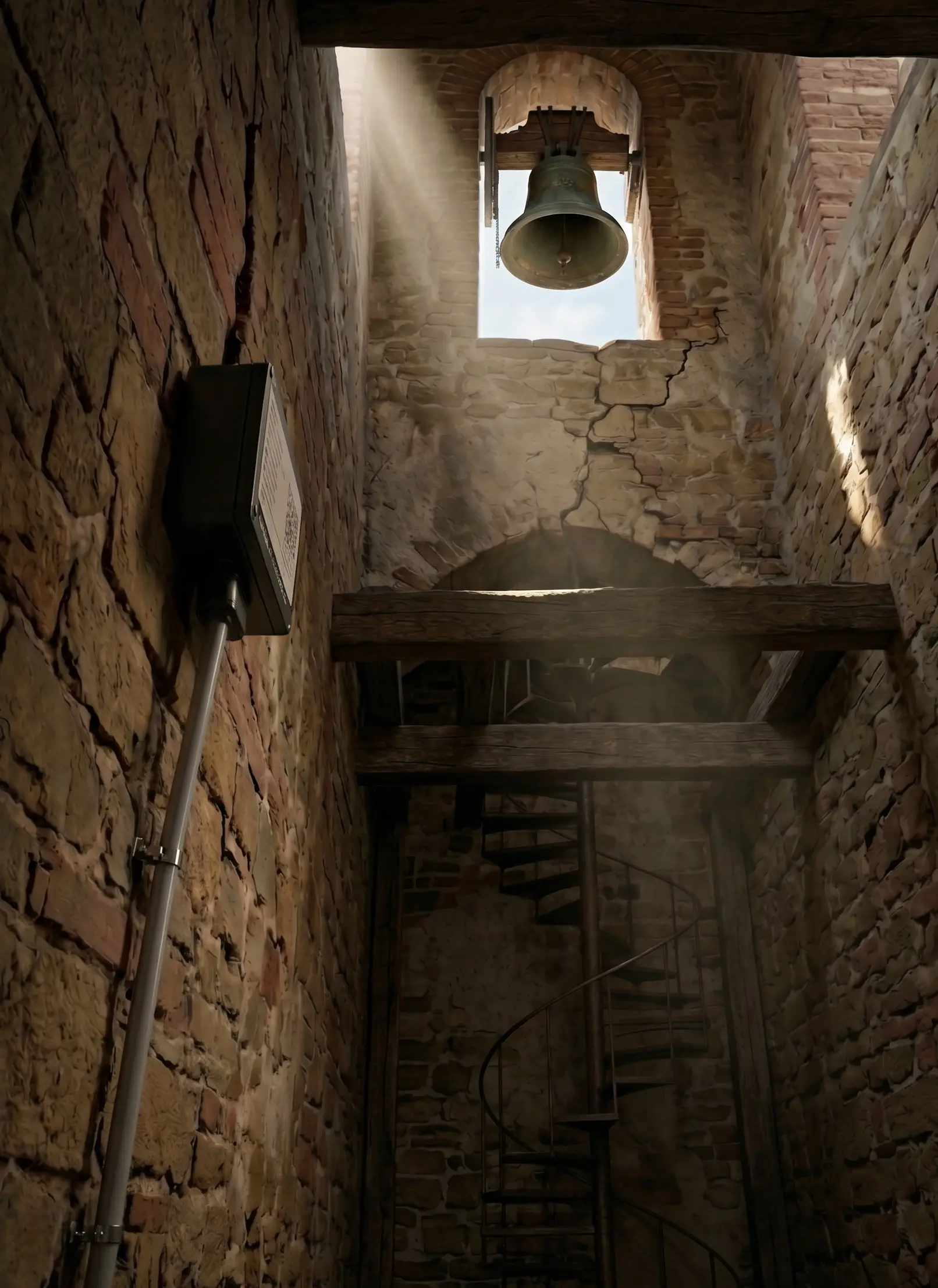 Sensore di inclinazione installato allinterno di un campanile storico con lesioni murarie.